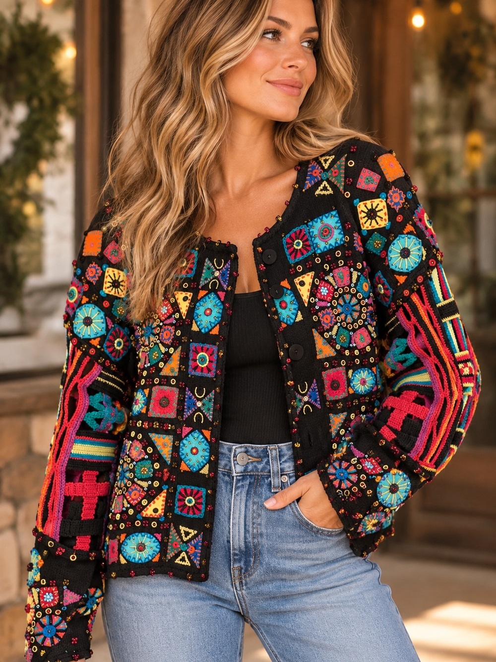 Vintage Michael Simon Embellished Beaded Crochet Artwear Cardigan Jacket
